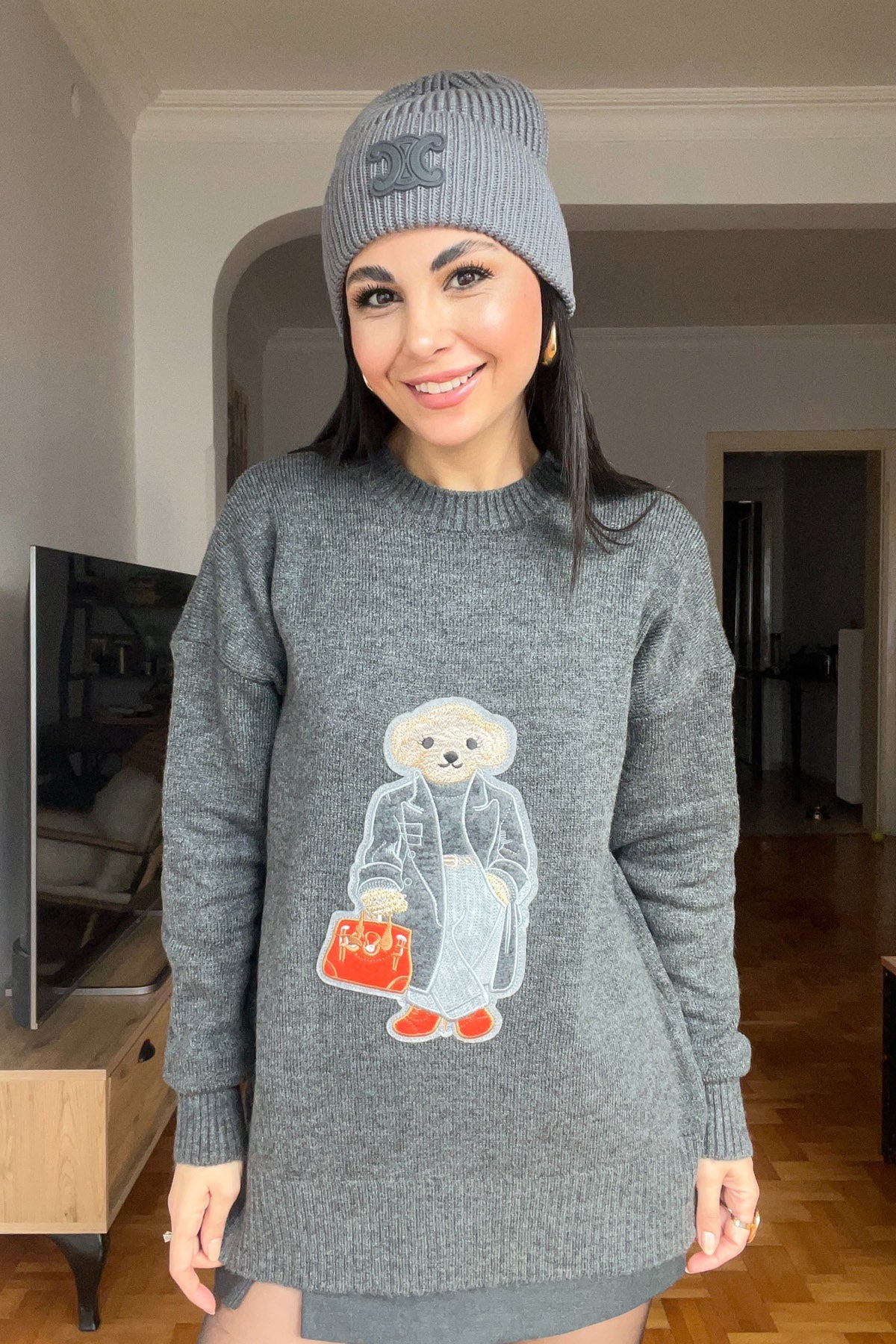 Antrasit Teddy Bear Nakışlı Triko Kazak SY-2839-Antrasit