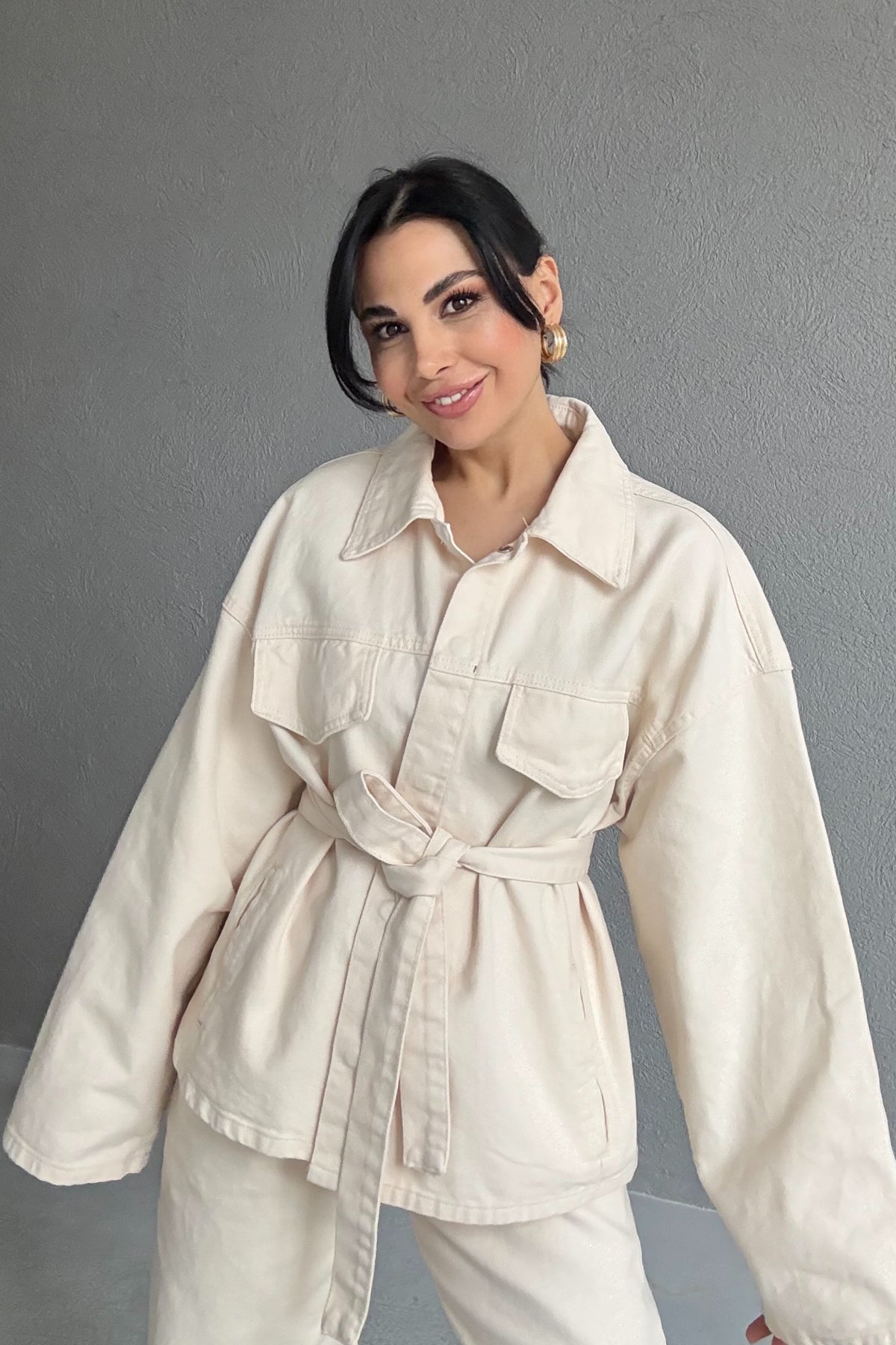 Krem Beli Bağlamalı Denim Ceket Pantolon Takım SY-2884-Krem