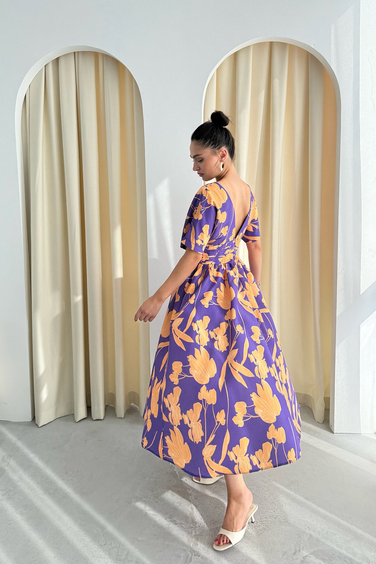 Turuncu Desenli Prenses Kalıp Midi Elbise SY-3294-Turuncu