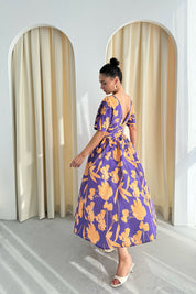 Turuncu Desenli Prenses Kalıp Midi Elbise SY-3294-Turuncu