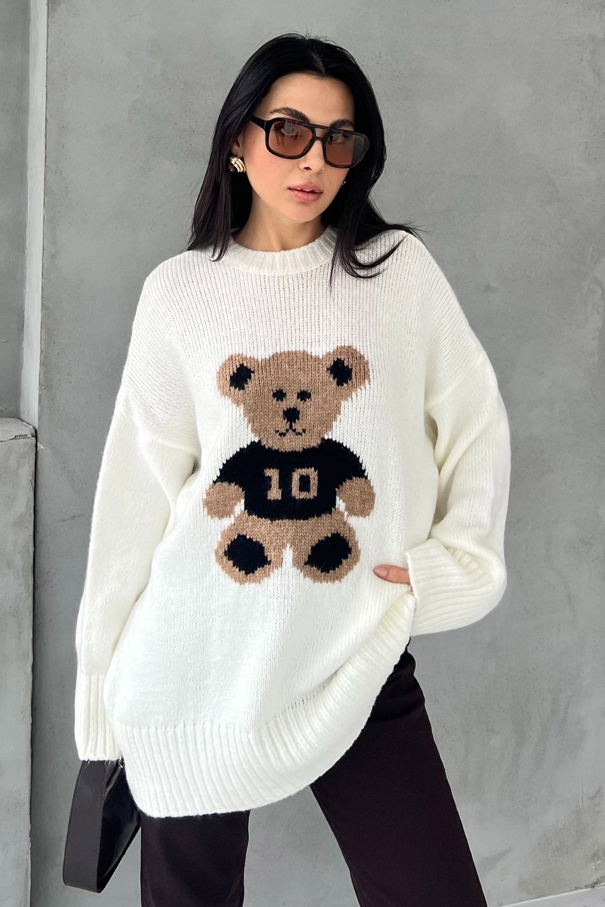 Ekru Teddy Bear Nakışlı Triko Kazak SY-2831-Ekru