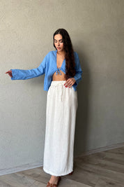 Ekru Beli Bağlama Detaylı Uzun Keten Etek SY-2154-Ekru