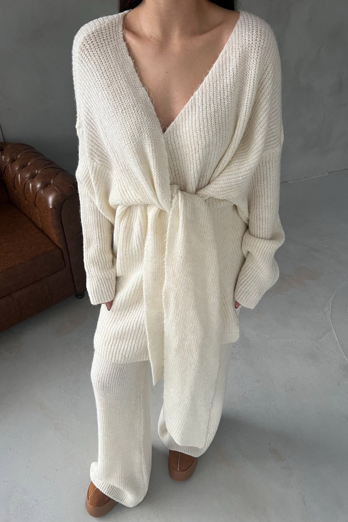 Ekru Bağlama Detay Kazak Pantolon Triko Takım SY-2773-Ekru