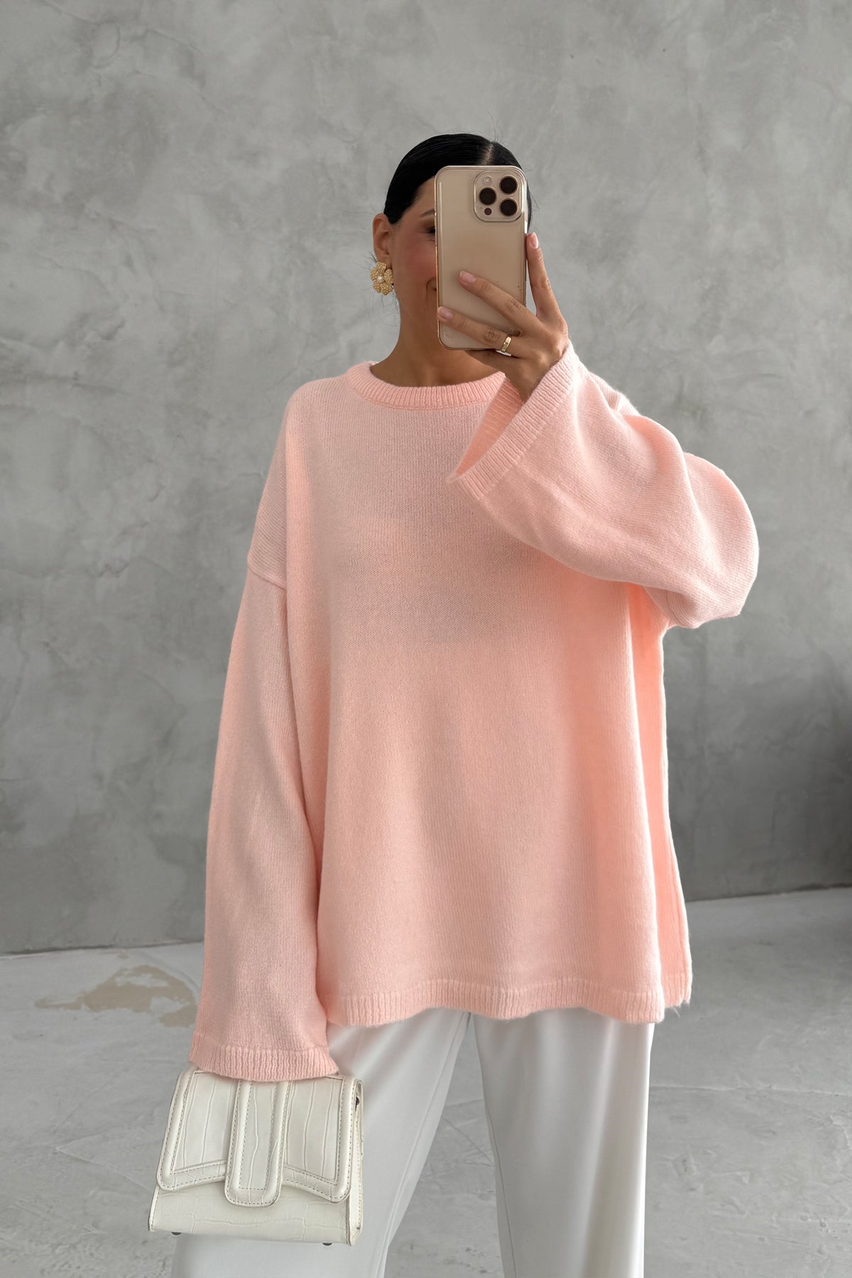 Pembe Bisiklet Yaka Oversize Pinterest Triko Kazak SY-3343-Pembe