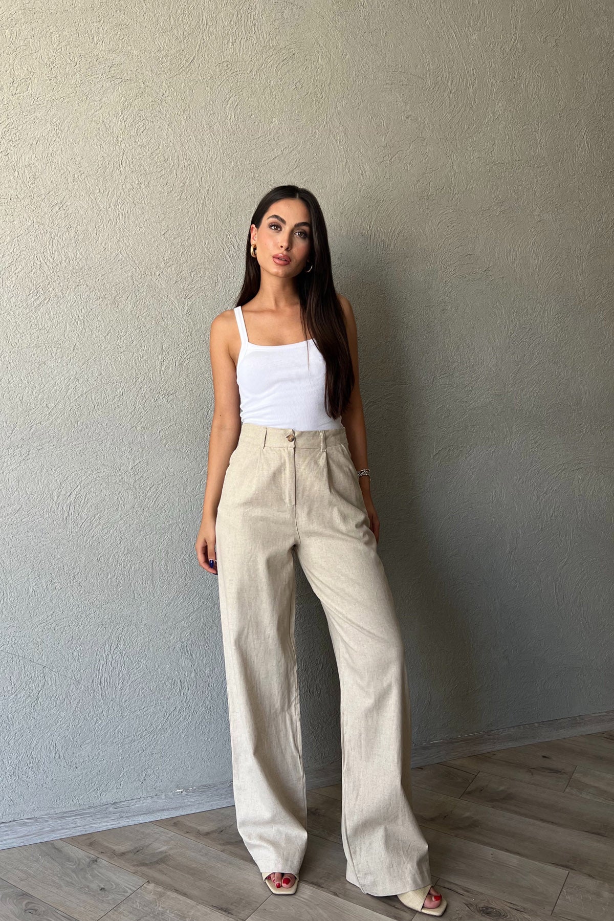 Bej Ham Keten Bol Paça Palazzo Pantolon SY-2238-Bej