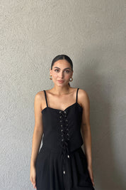 Siyah İnce Askılı İp Bağlama Detaylı Crop Pantolon Takım SY-2361-Siyah