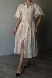 Bej Balon Kol Pile Detaylı Kemerli Brode Elbise SY-2084-Bej