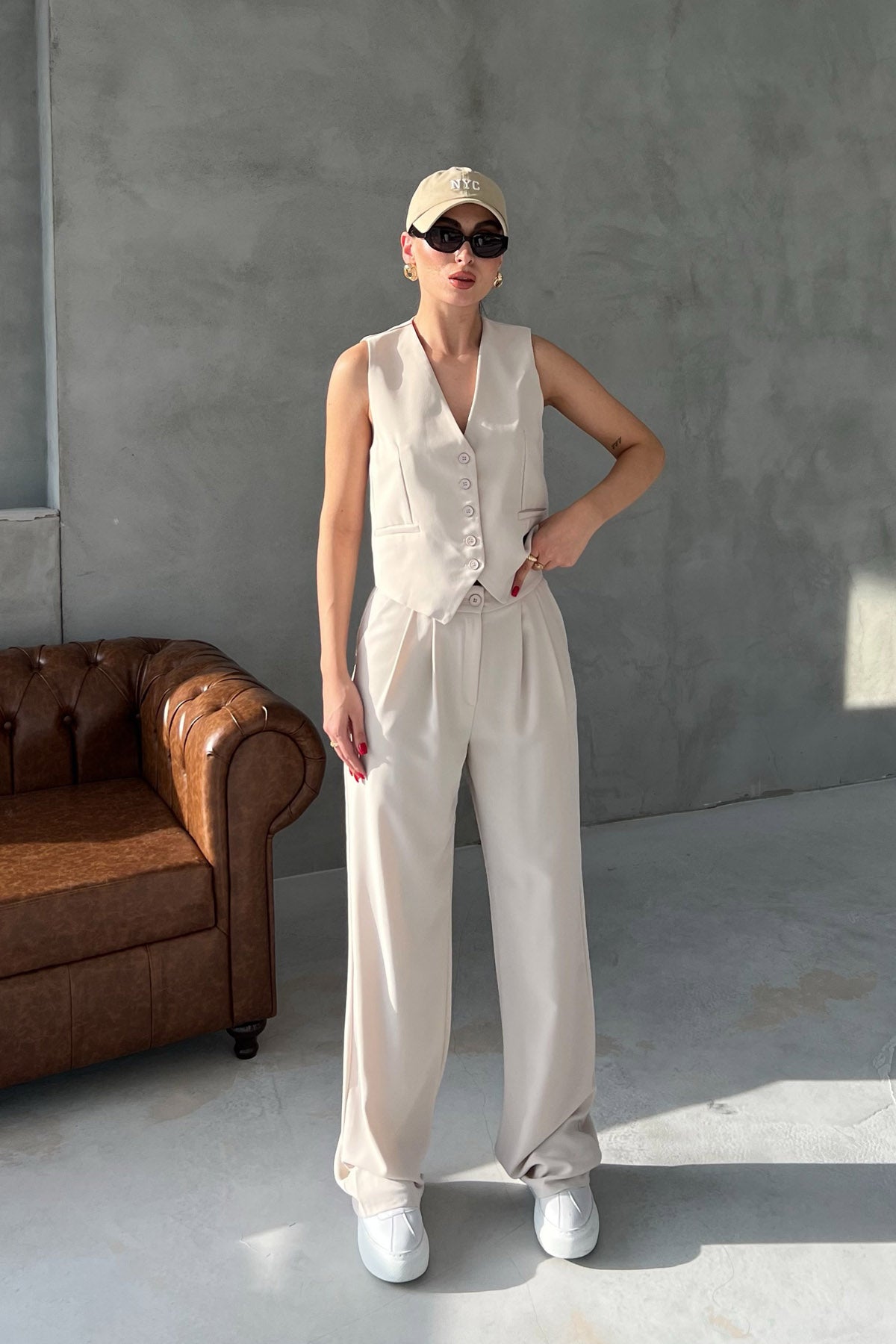 Taş Cep Detaylı Yelek Palazzo Pantolon Takım SY-2468-Taş