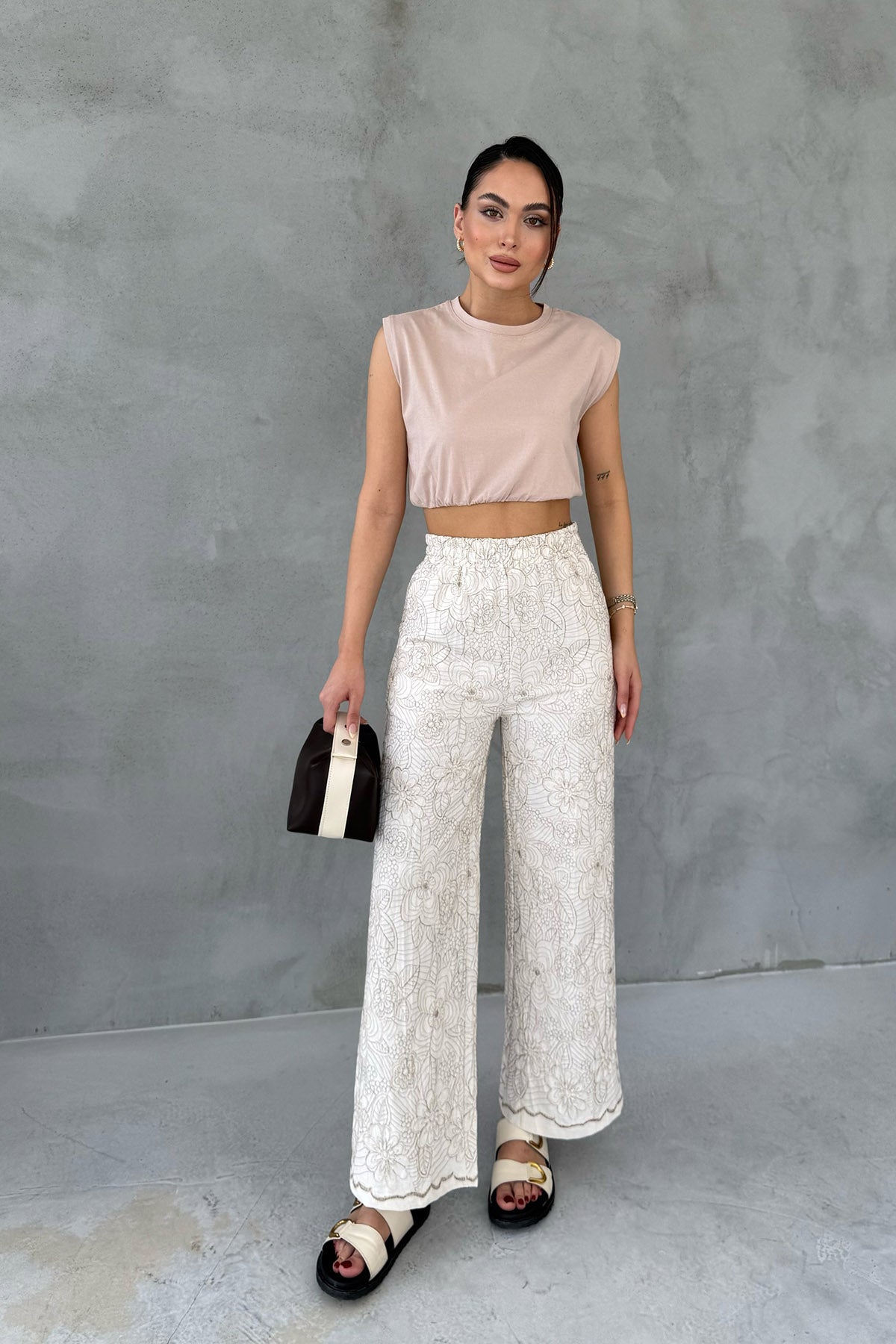 Bej Beli Lastikli Crop SY-1630-Bej