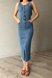 Açık Mavi Önü Düğmeli ve Yırtmaçlı Denim Elbise SY-0551-Açık Mavi