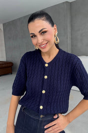 Lacivert Saç Örgülü Gold Düğme Detaylı Triko Hırka SY-2518-Lacivert