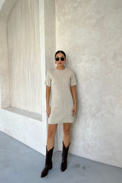 Bej Önü Dikiş Detaylı Kısa Triko Elbise SY-23834-Bej