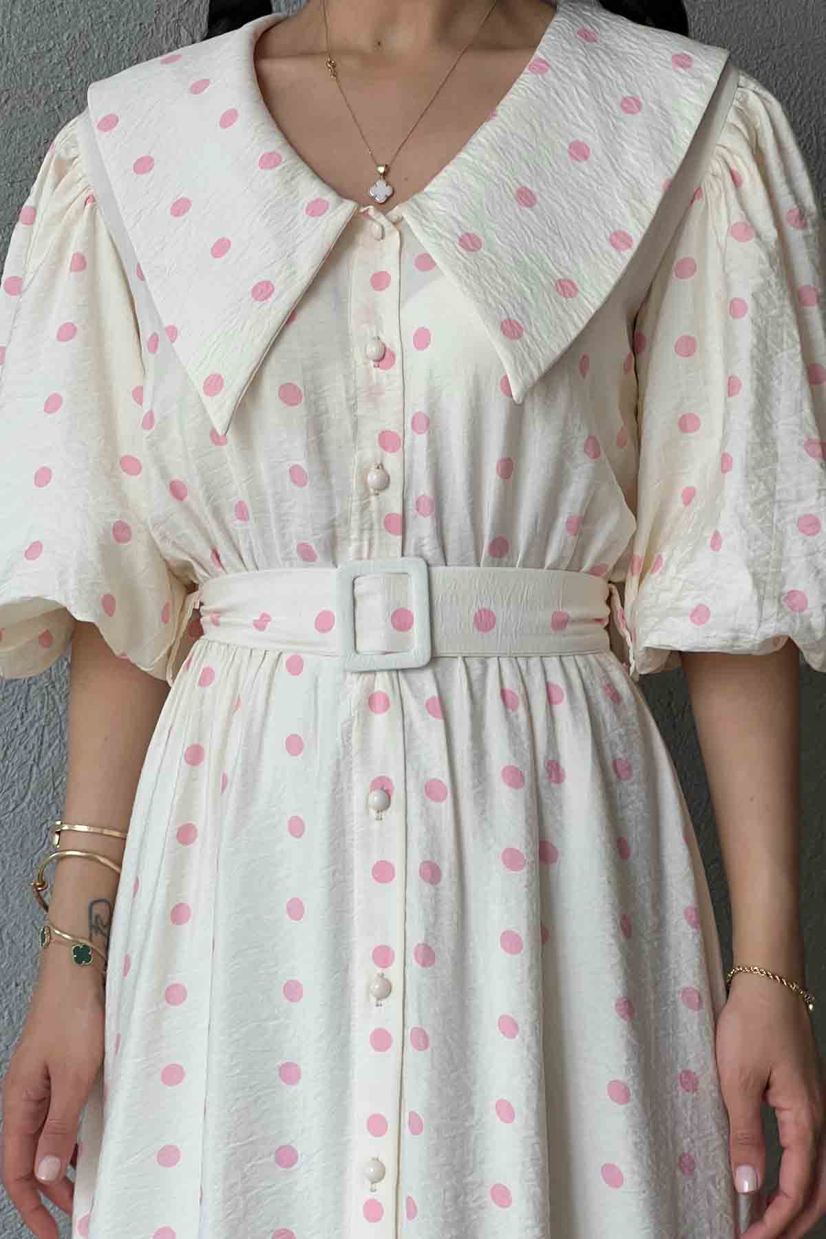 Pembe Puantiye Desenli Düğme Detaylı Balon Kol Elbise SY-1790-Pembe