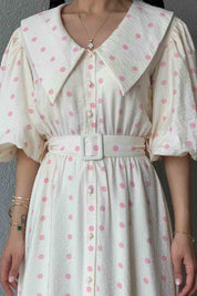 Pembe Puantiye Desenli Düğme Detaylı Balon Kol Elbise SY-1790-Pembe