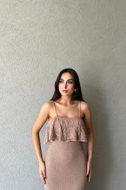 Kahve İnce Askılı Çiçek Detaylı Ajurlu Maxi Elbise SY-2223-Kahve