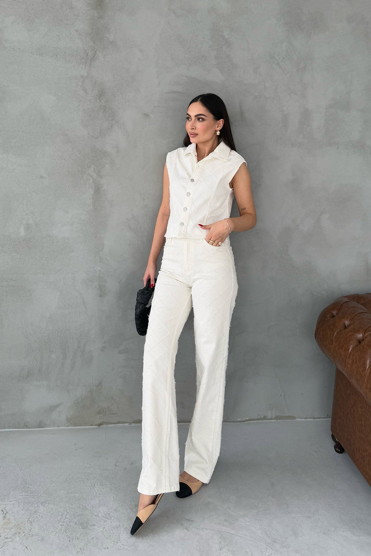 Ekru Baklava Desenli Denim Yelek ve Pantolon Takım SY-3069-Ekru