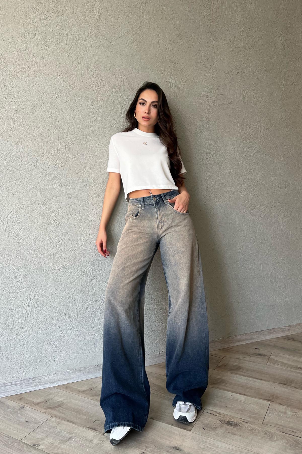 Koyu Mavi Eskitme Düşük Bel Süper Wide Leg Jean SY-1715-Koyu Mavi