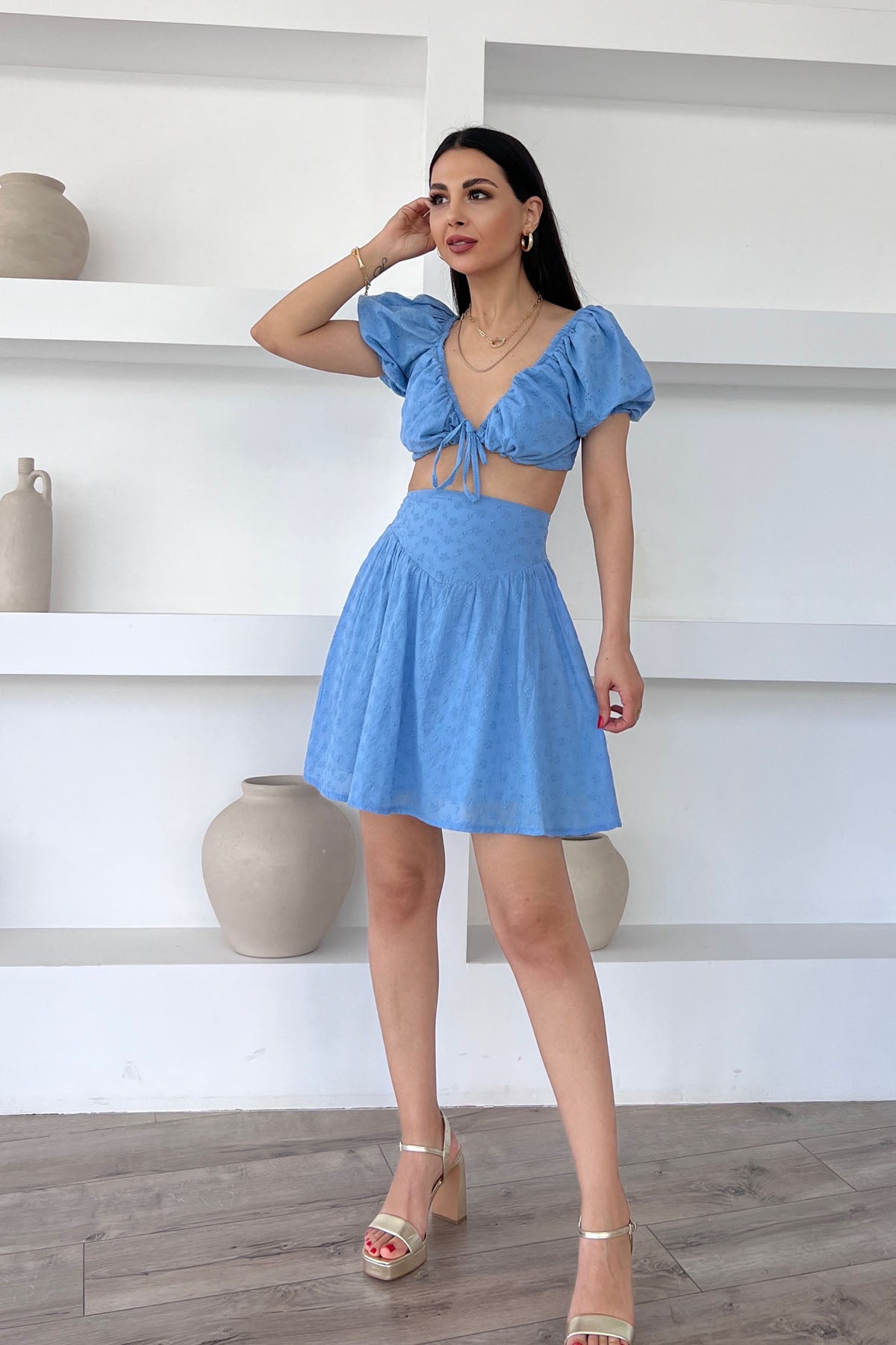 Mavi Fisto Bağlamalı  Büstiyer Etek Takım SY-0594-Mavi