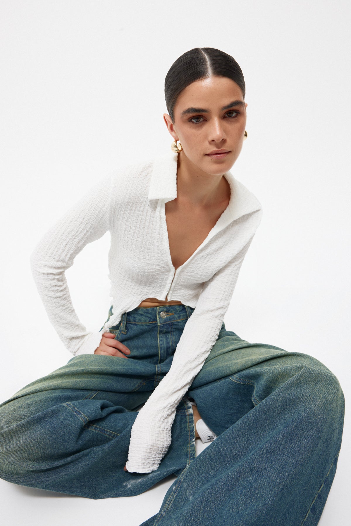 Ekru Bağlama Detaylı Crop Bluz SY-2417-Ekru