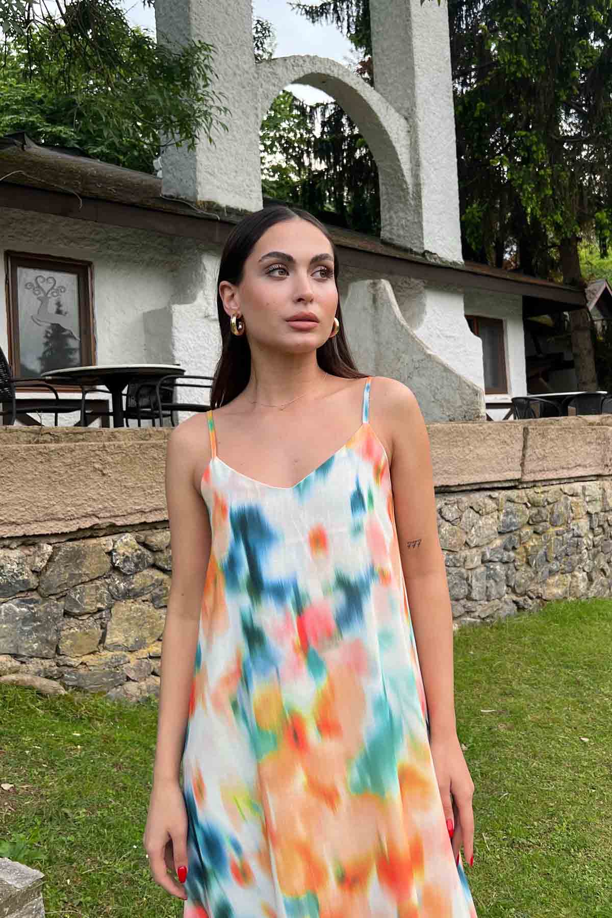 Turuncu Çok Renkli Desenli İp Askılı Keten Elbise SY-2020-Turuncu