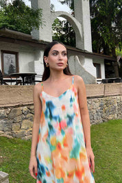 Turuncu Çok Renkli Desenli İp Askılı Keten Elbise SY-2020-Turuncu