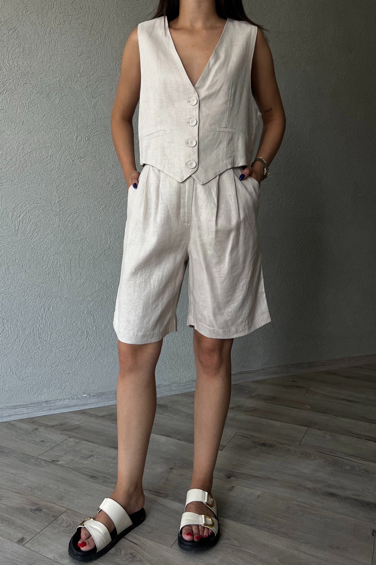 Taş Pile Detaylı Keten Şort SY-2095-Taş