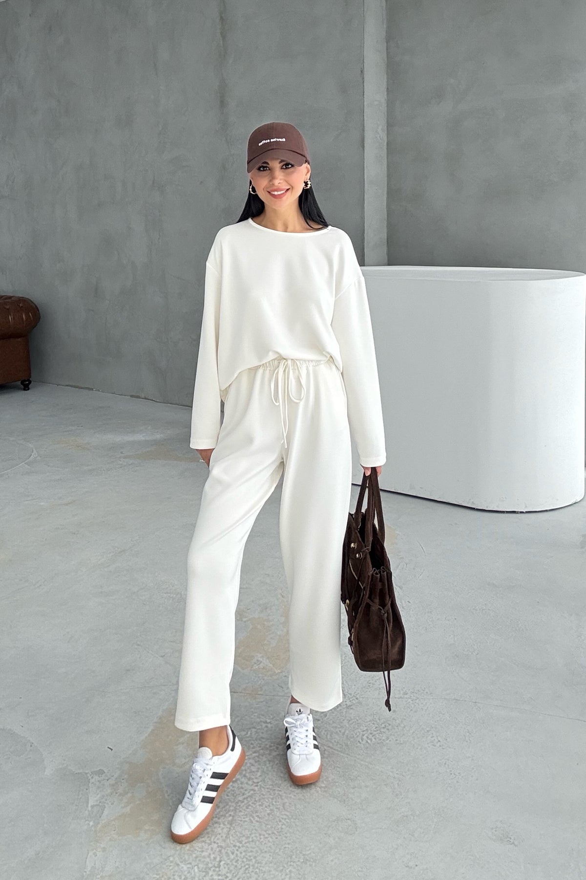 Ekru Uzun Kollu Beli Lastikli Modal Takım SY-3383-Ekru