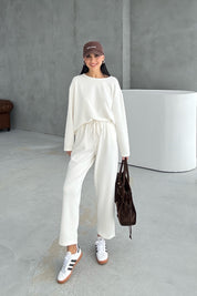 Ekru Uzun Kollu Beli Lastikli Modal Takım SY-3383-Ekru