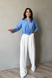 Mavi Çizgili Önü Tasarım Bağlamalı Gömlek SY-2046-Mavi