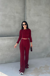 Bordo Ters Dikiş Detaylı Bluz Pantolon Triko Takım SY-2611-Bordo