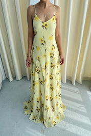 Sarı Çiçekli Askı Detaylı Tayna Elbise SY-3281-Sarı