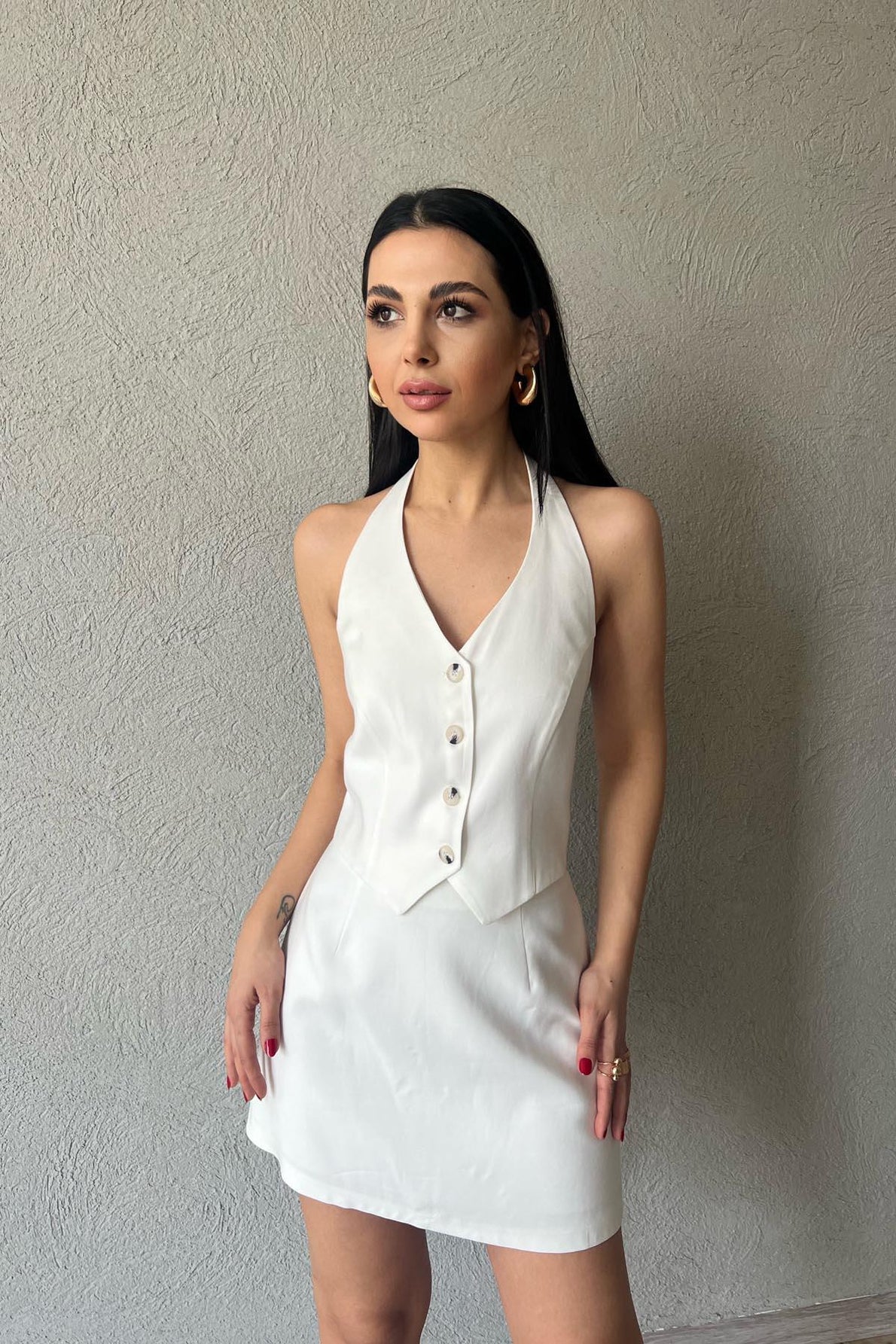 Ekru Düğme Detaylı Boyundan Bağlamalı Yelek SY-3372-Ekru