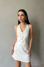 Ekru Düğme Detaylı Boyundan Bağlamalı Yelek SY-3372-Ekru