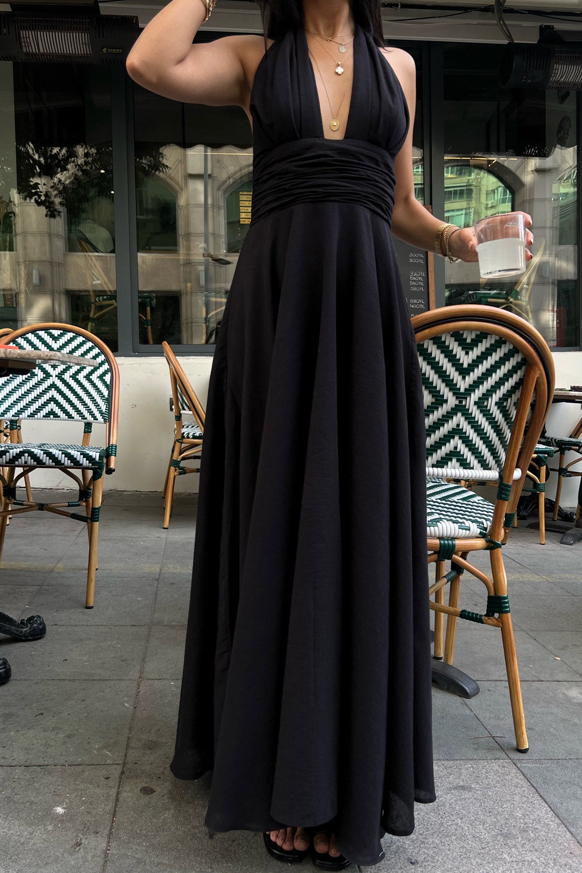 Siyah Puglia Tasarım Sırt Detaylı Keten Elbise SY-2263-Siyah