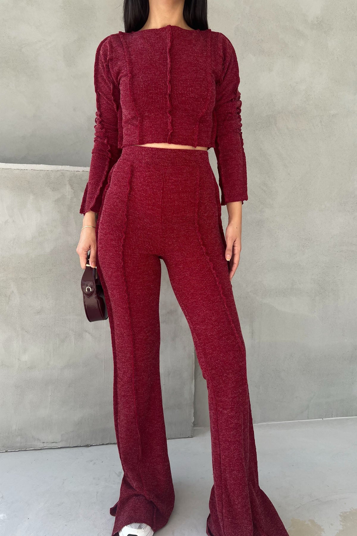 Bordo Ters Dikiş Detaylı Bluz Pantolon Triko Takım SY-2611-Bordo