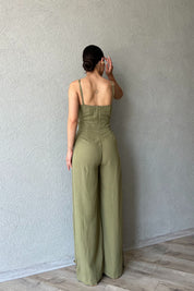 Haki Çapraz Yaka Düğme Detaylı İp Askılı Tulum SY-2306-Haki