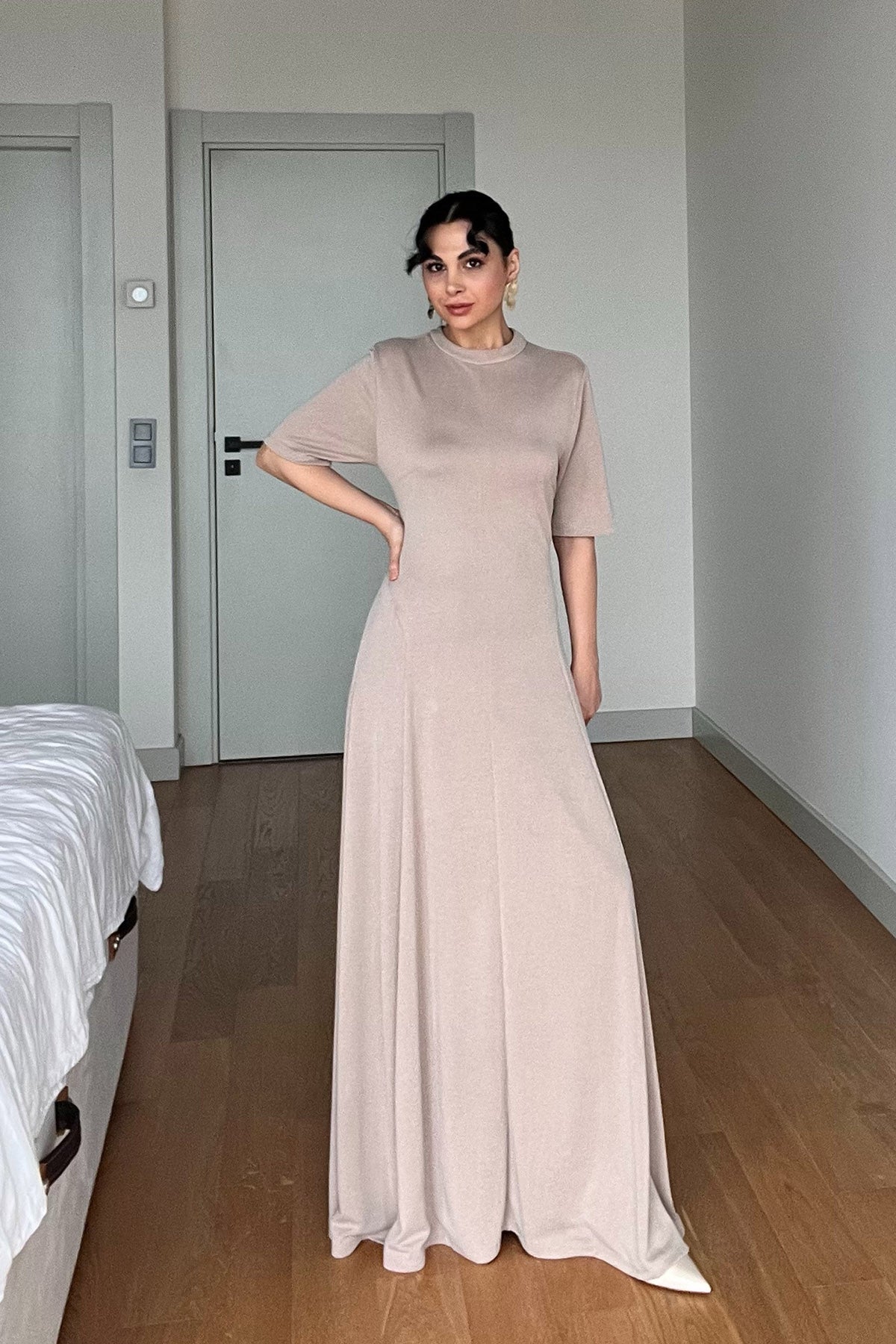 Bej Belden Oturtmalı Burano Çan Elbise SY-3008-Bej