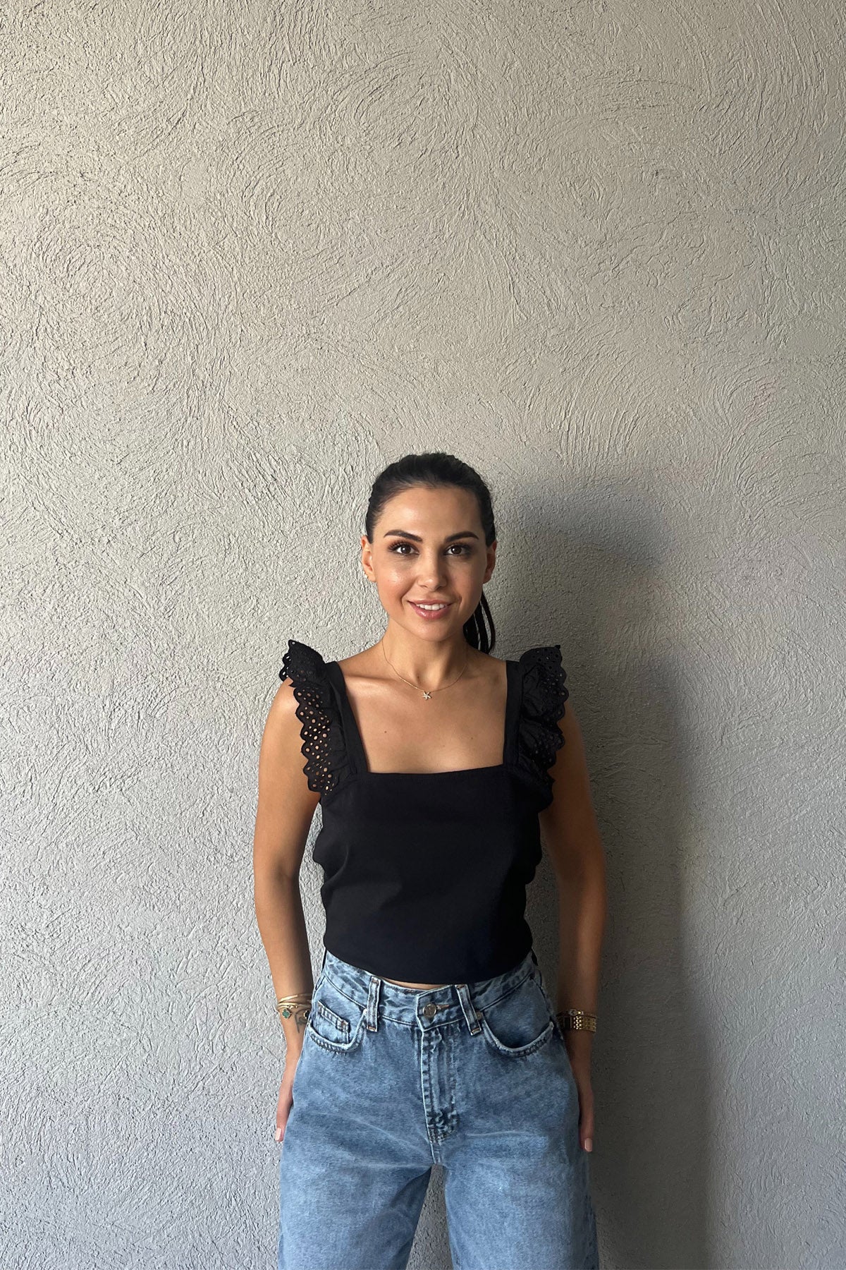 Siyah Fisto Askı Detaylı Crop SY-1961-Siyah