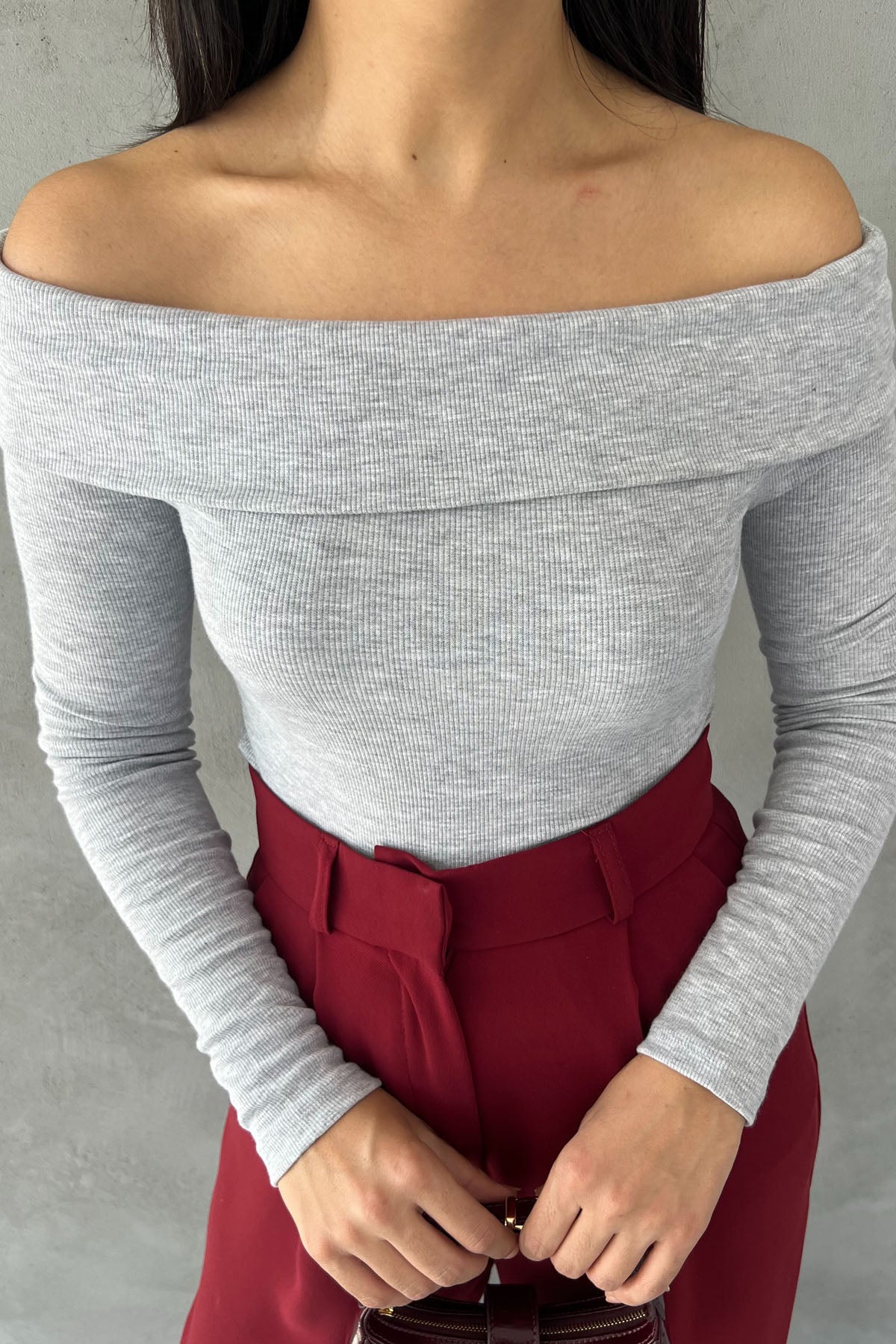 Gri Fitilli Madonna Yaka Bluz SY-2622-Gri