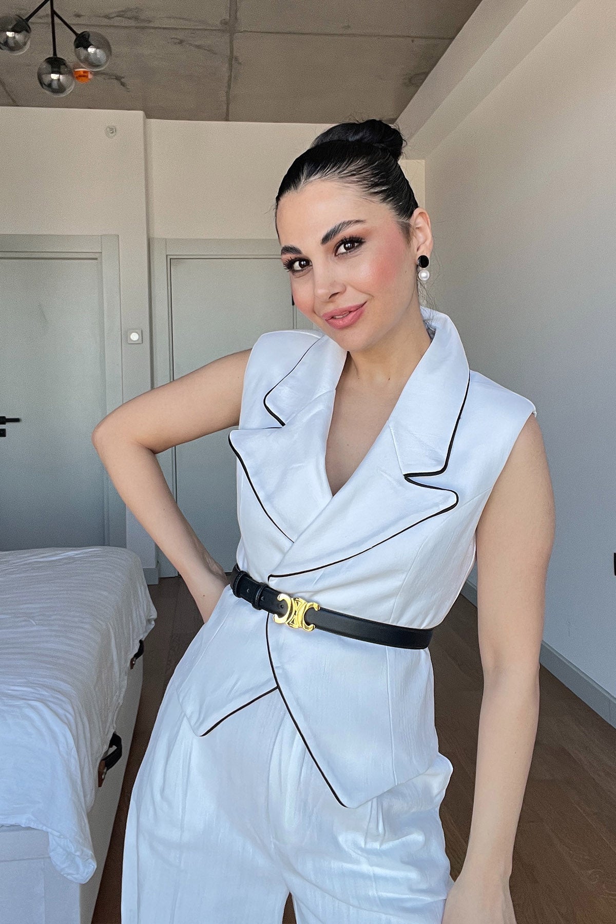 Ekru Keten Biyeli Yelek Ve Pantolon Takım SY-3021-Ekru