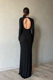 Siyah Dikiş Detaylı Sırt Dekolteli Astarlı Uzun Elbise SY-1658-Siyah