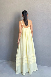 Sarı Boncuk Askı Detaylı Rahat Keten Elbise SY-3148-Sarı