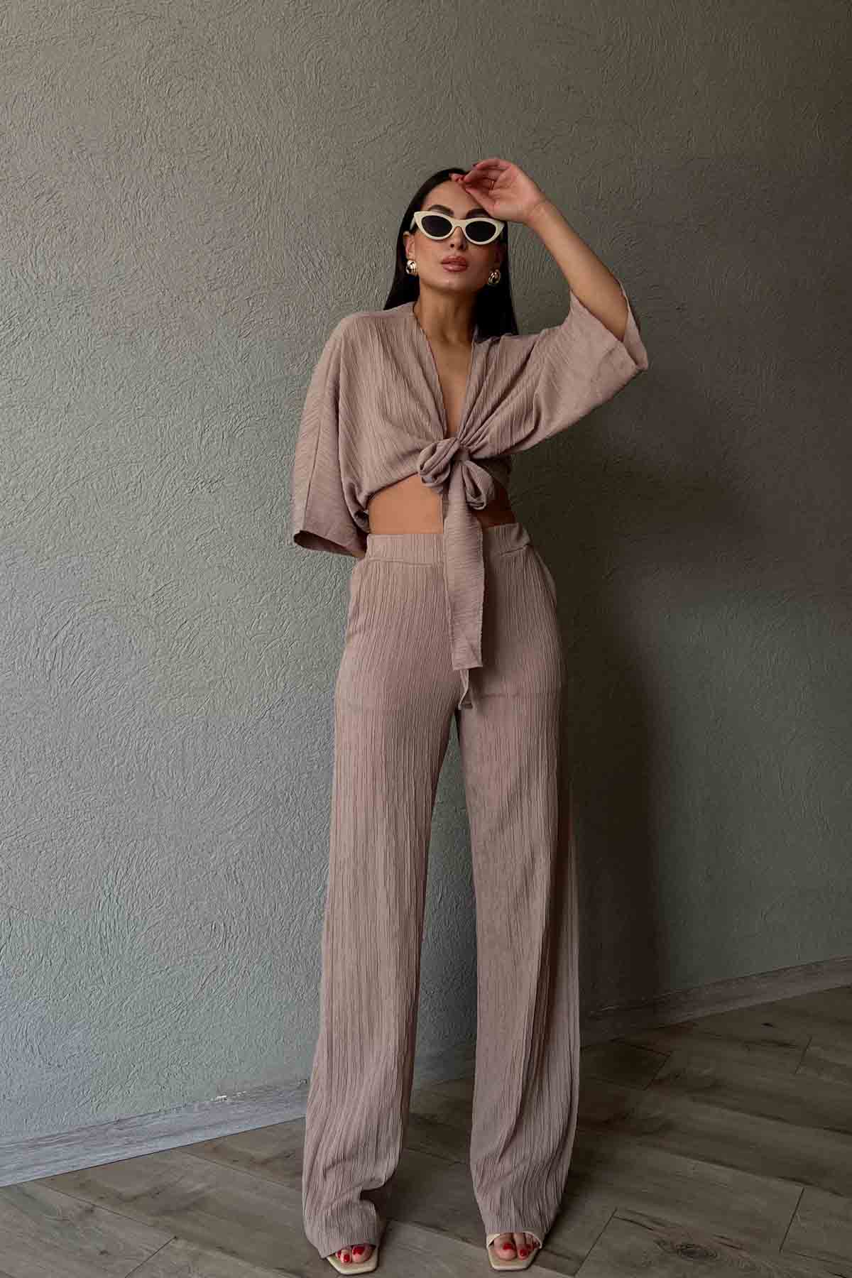 Vizon Bağlama Deyatlı Bluz Pantolon Keten Takım SY-2100-Vizon