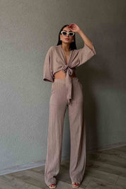 Vizon Bağlama Deyatlı Bluz Pantolon Keten Takım SY-2100-Vizon