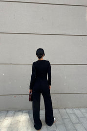 Siyah Uzun Kollu Büzgü Detaylı İkili Triko Takım SY-2455-Siyah