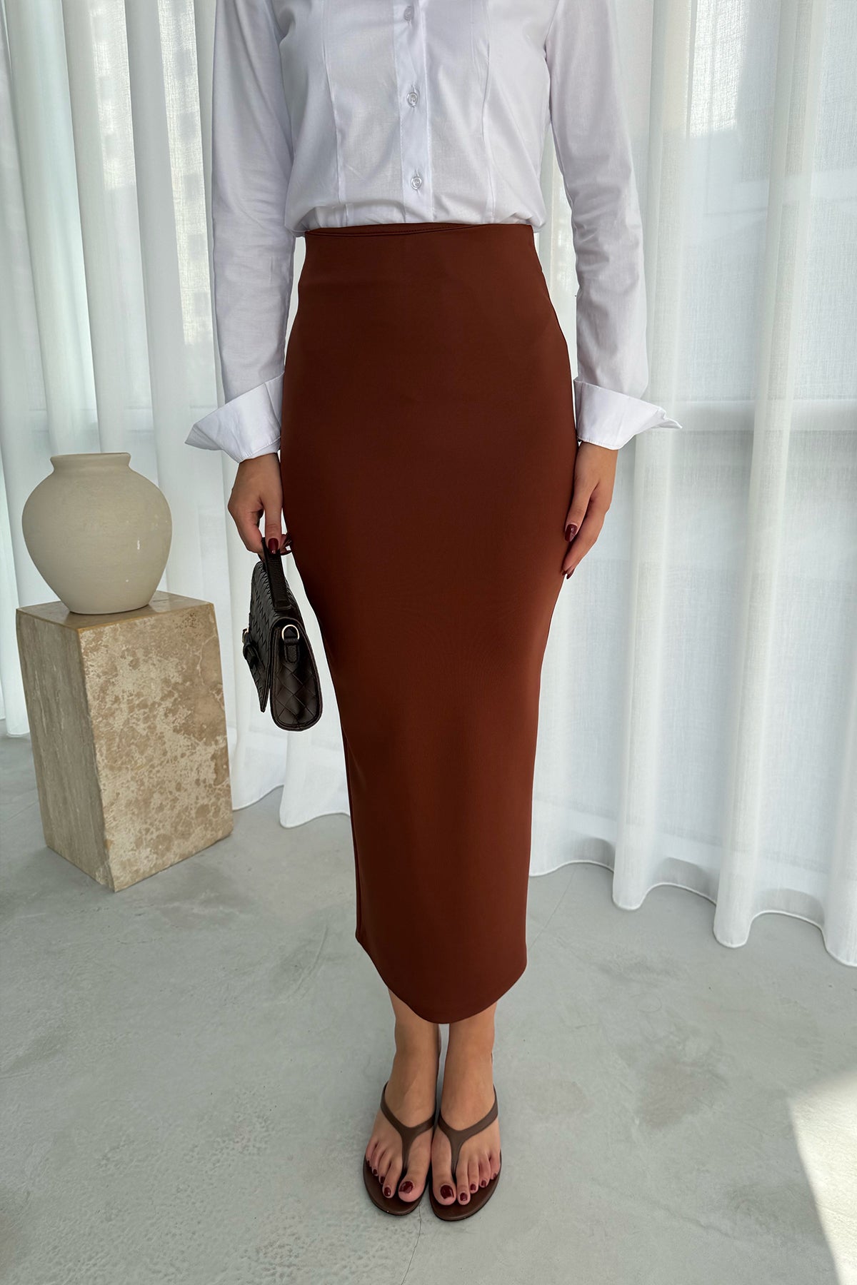 Kahve Arkası Yırtmaçlı Kalem Etek SY-2776-Kahve