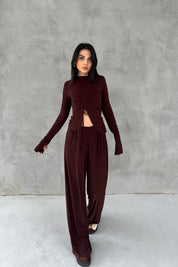 Kahverengi Büzgü Detaylı Uzun Kollu Bluz ve Salaş Pantolon Takım SY-2457-Kahverengi