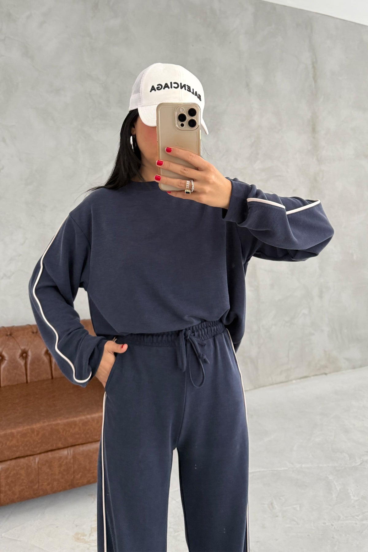 Orjinal Marka Bisiklet Yaka Çizgili Eşofman Takımı - Koyu Mavi SY-3421-Koyu Mavi