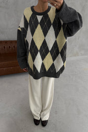 Antrasit ve Sarı Renkli Baklava Desenli Kazak SY-3408-Antrasit