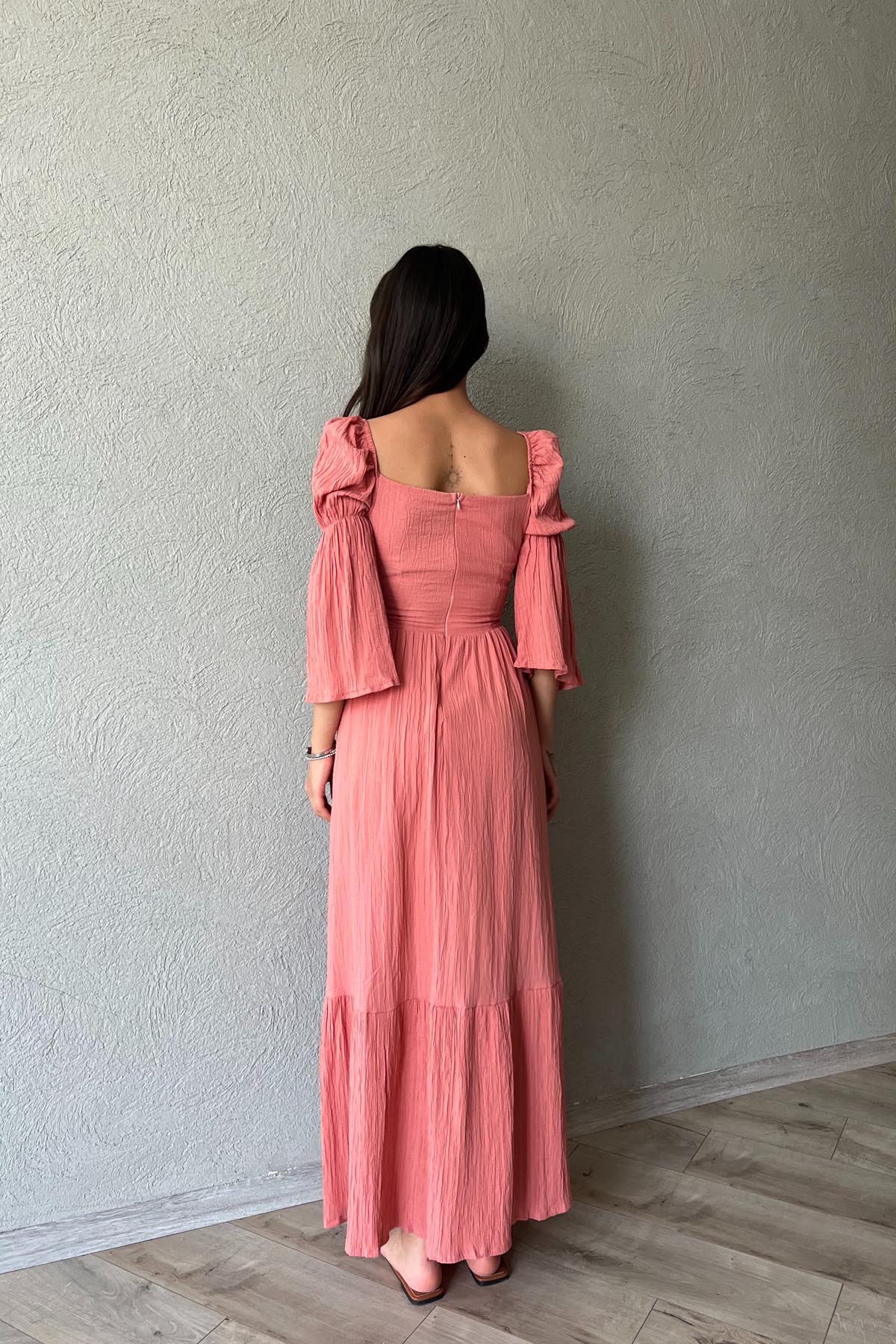 Gül Kurusu Düşük Kol Balenli  Gofre Kumaş Uzun Elbise SY-1779-Gül Kurusu